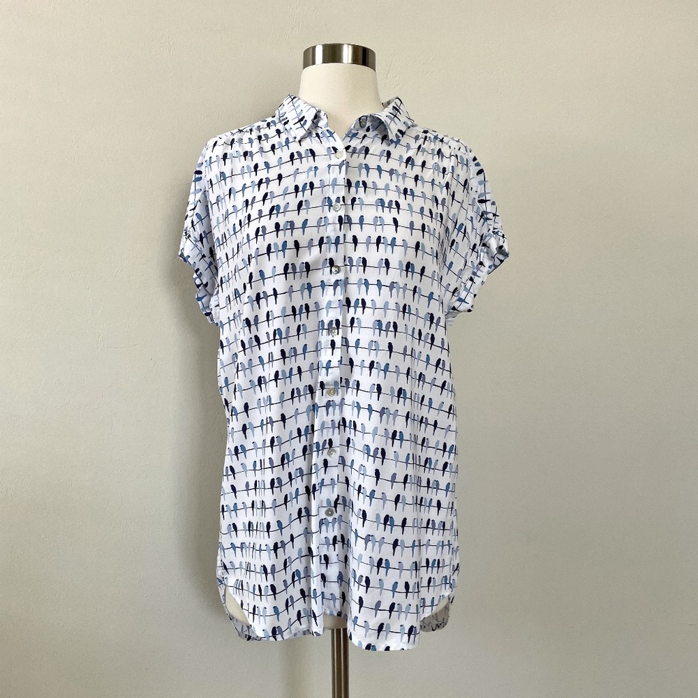 Jane & Delancey Birds on a Wire Button-down Short Sleeve Shirt Size Large